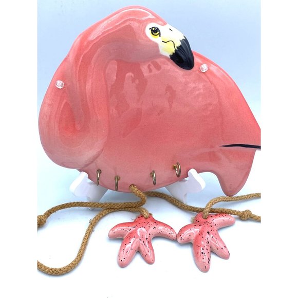 Pink Flamingo Key Holder Ceramic With Rope Dangle Feet Vintagecore/ - Picture 2 of 11